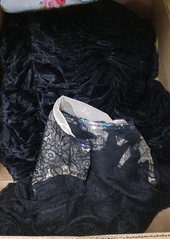 A black lace blouse, a black velvet evening jacket and two scarves